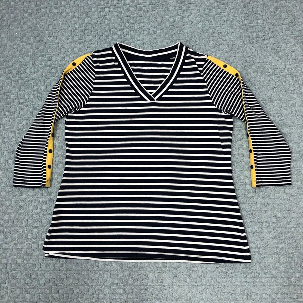 E.L.I Shirt Womens Large Blue Striped V Neck 3/4 Sleeve Pima Cotton Buttons